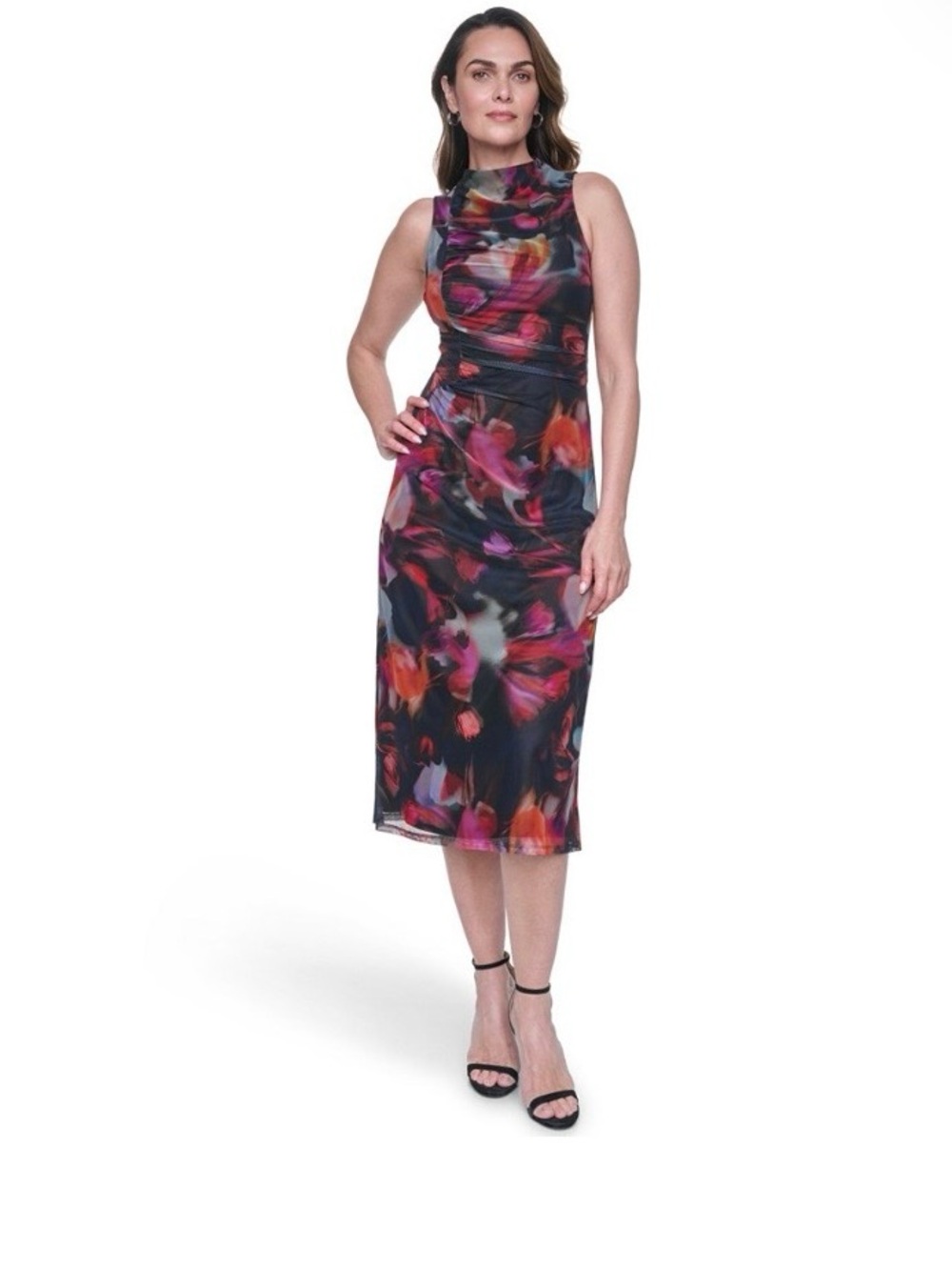 Vince Camuto Floral Printed Mesh Shirred Midi Dress NWT - Picture 6 of 16